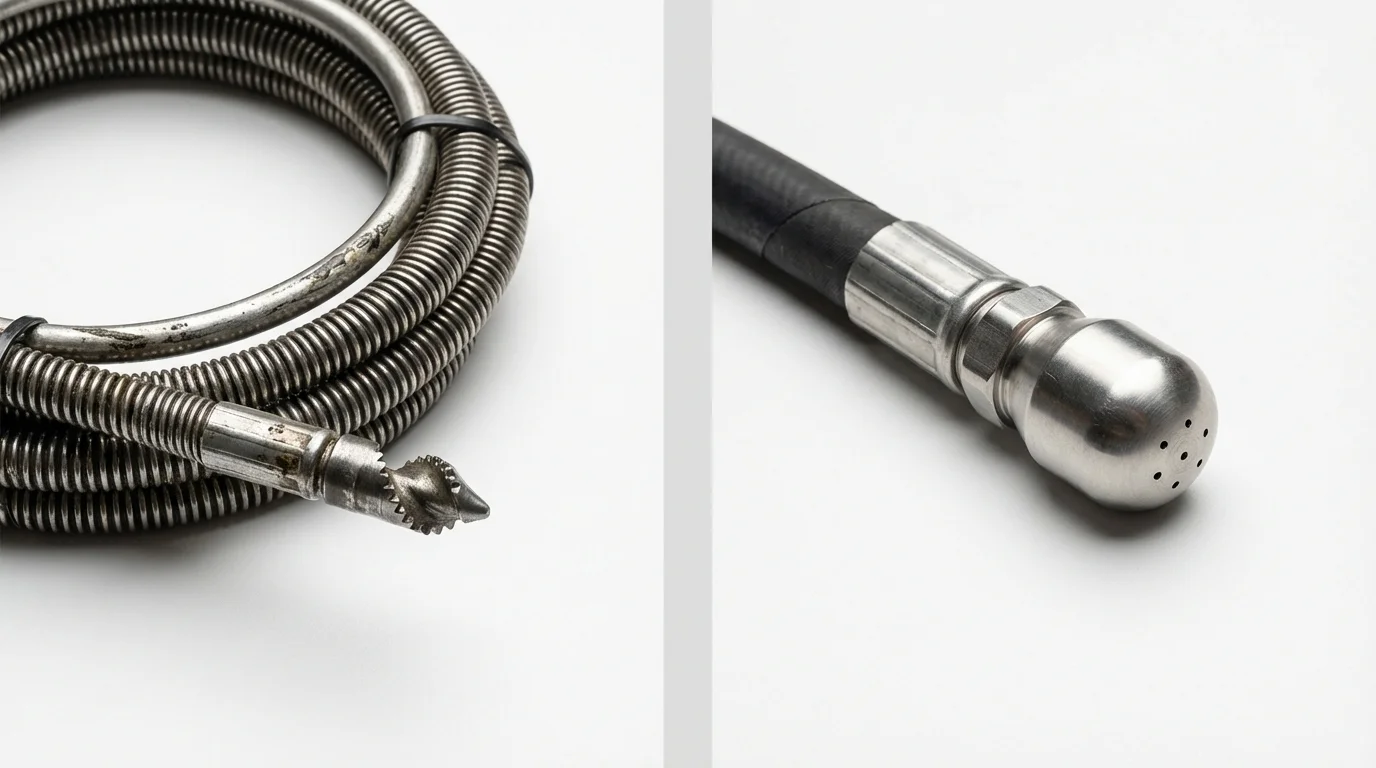 Drain snake cable and hydro jetting nozzle used for drain cleaning in Peachtree City, GA