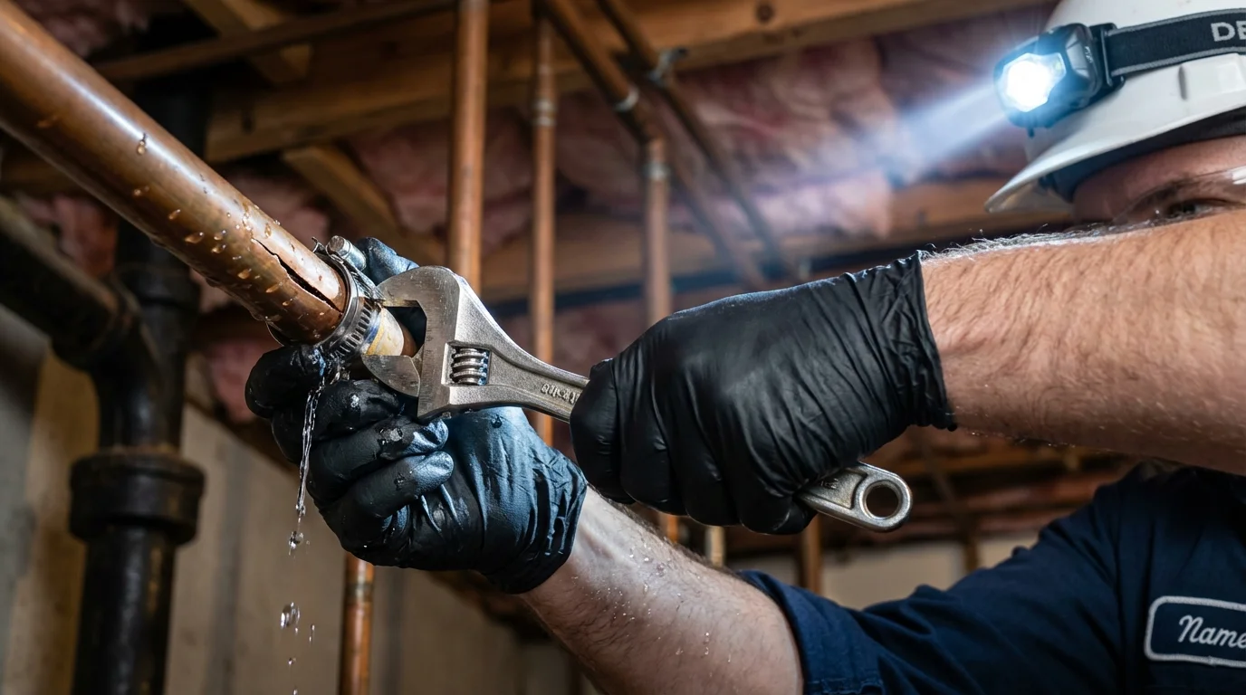 Emergency pipe clamp repair being performed by a Johns Plumbing LLC plumber in Peachtree City