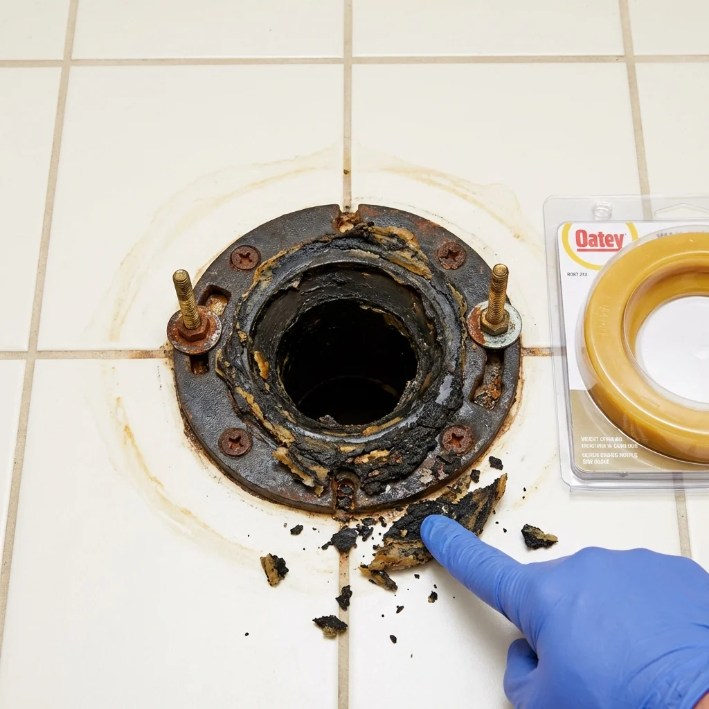 Failed wax ring showing water seepage at the base of a toilet in a Peachtree City, GA home
