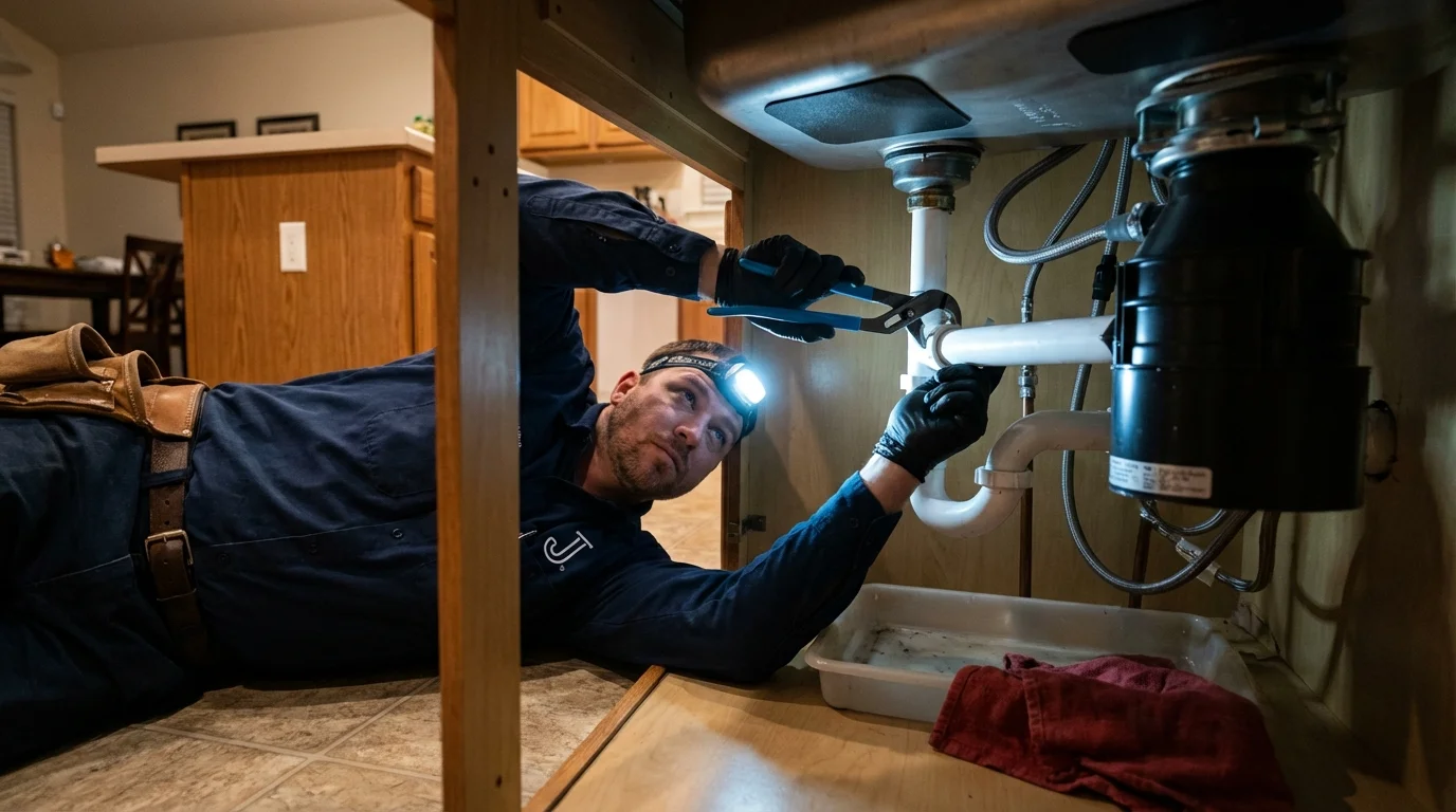P-trap and supply line connections under a kitchen sink showing a common leak point in Peachtree City, GA